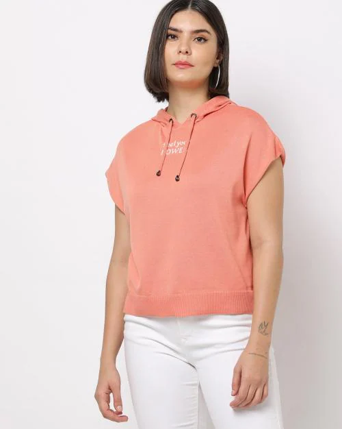 Hoodie flatknit top coral xs