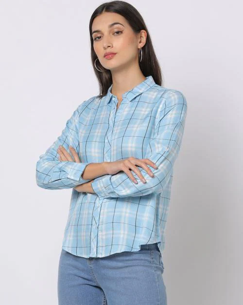 Checked Placket Twill Shirt with Roll-Up Tab