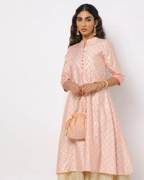 Zig-Zag Print A-Line Dress with Box Pleat