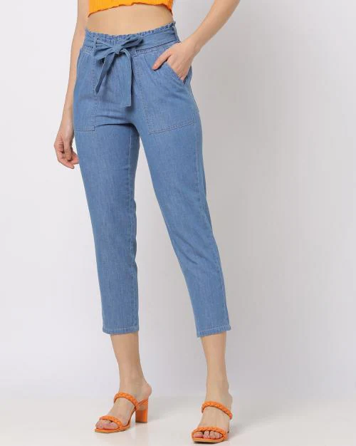 Buy Women Lightly Washed Relaxed Capri Jeans with Belt Online at