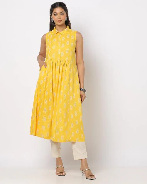 Buy Printed Flared Kurta with Spread Collar Online at Best Prices in