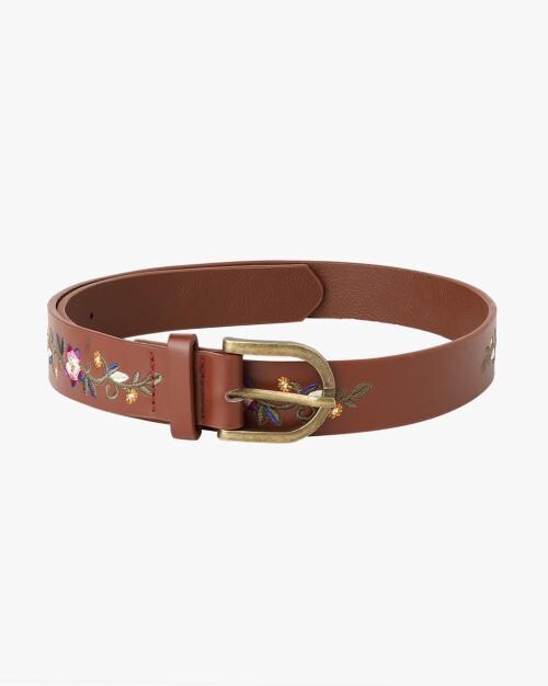 Floral Embroidered Belt with Buckle Closure