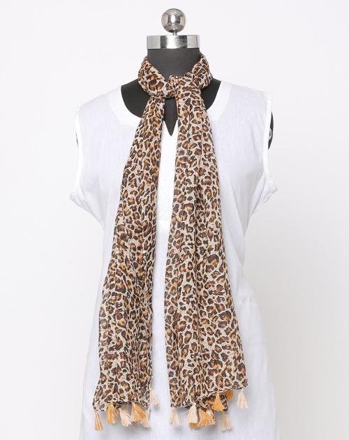 Leopard Print Scarf with Tasselled Border