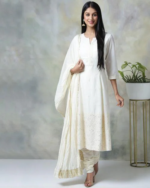 Off White Cotton Kalidar Kurta Churidar Kurta suit set