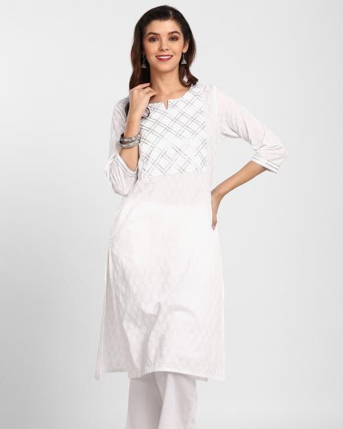 Floral Print Notched-Neck Straight Kurta