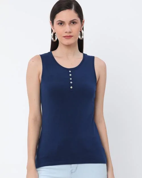 Round-Neck Tank Top with Button Placket
