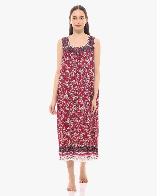 Floral Print Sleeveless Nightgown with Button Fly