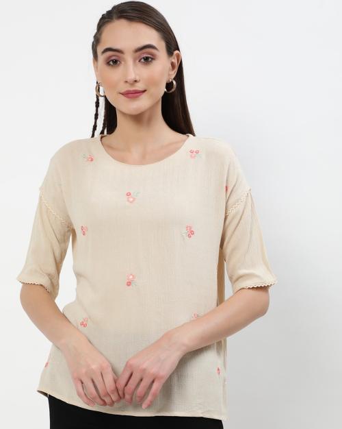 Floral Embroidered Round-Neck Top