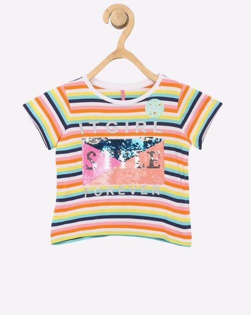 Striped Round-Neck T-shirt with Sequin Embellishments
