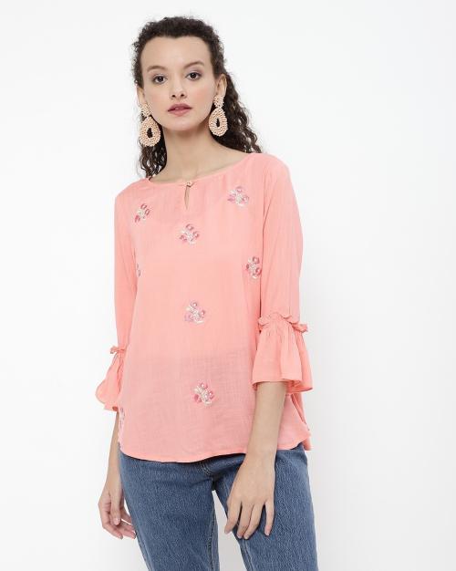 Embroidered Short Kurta with Bell Sleeves