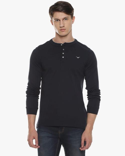 Regular Fit Henley T-Shirt with Logo Print