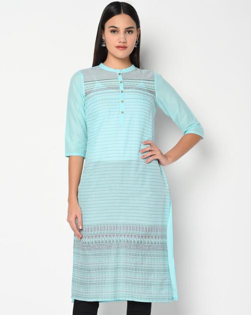 Aurelia Light Blue Mandarin Neck Printed Kurta