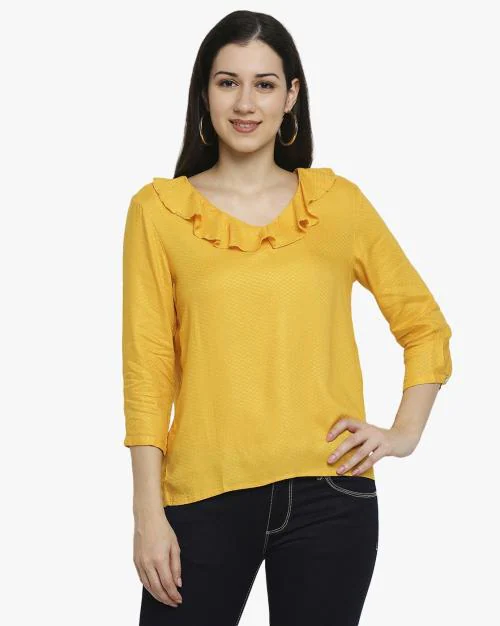 Round-Neck Top with Ruffles Accent