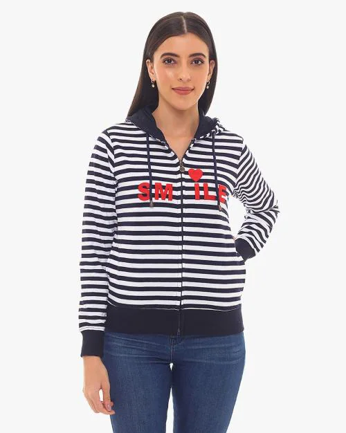Breton Striped Zip-Front Hoodie with Typographic Print