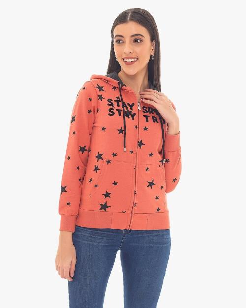 Star Print Zip-Front Hoodie