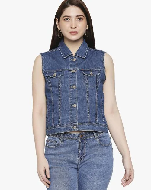 Panelled Sleeveless Button-Down Denim Top