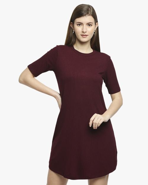 Ribbed Round-Neck Sheath Dress