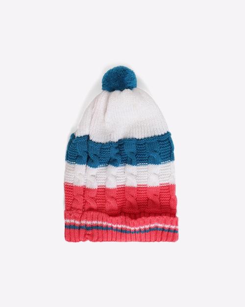 Colourblock Cable-Knit Beanie with Pom-Pom