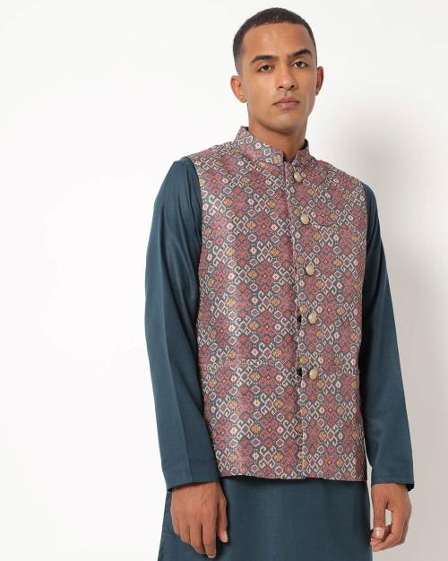 Ikat Print Waistcoat with Welt Pockets