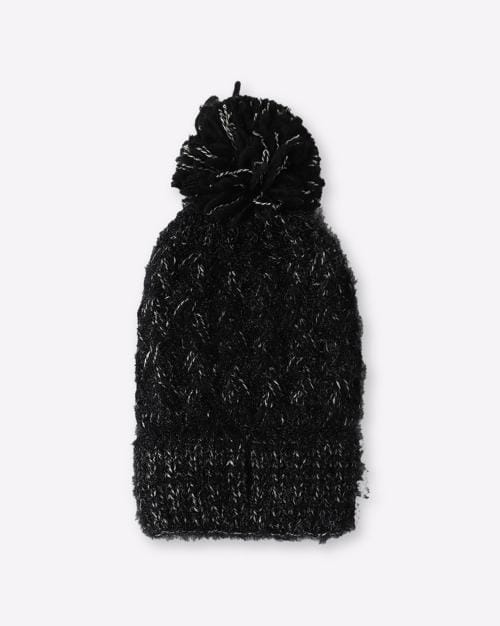 Knitted Beanie Cap with Bobble Trim