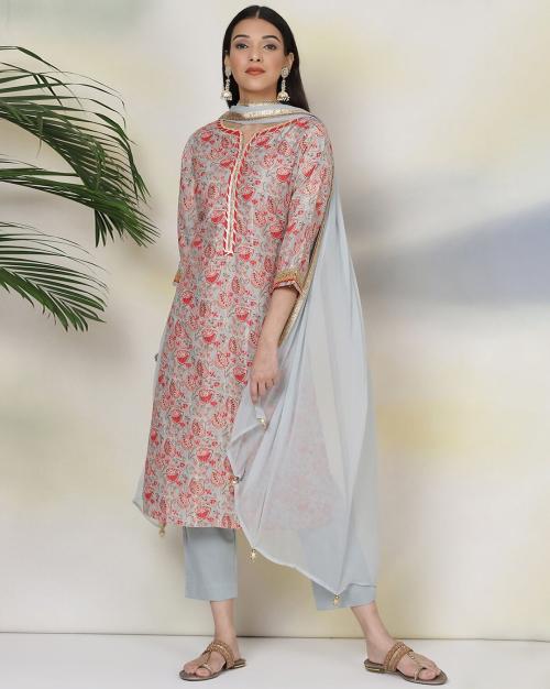 Tea Green Polyester blend Straight Kurta suit set