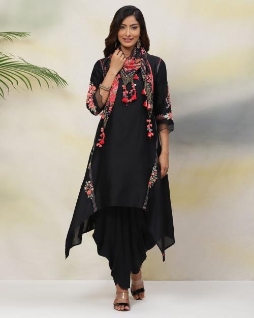 Black Cotton Silk Asymmetric Kurta Dhoti Salwar Kurta suit set