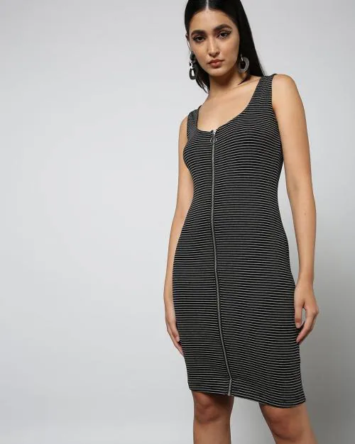 Women Striped Zip-Front Bodycon Dress