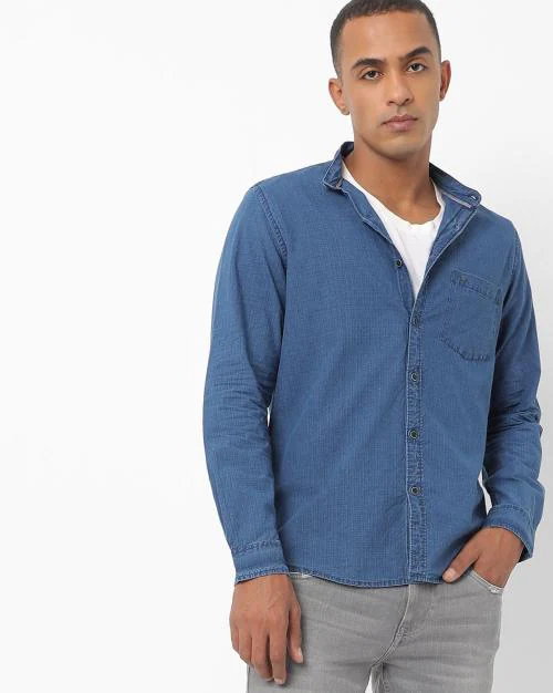 Denim Shirt with Band Collar
