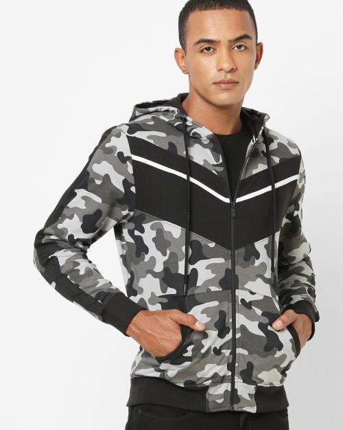 Camouflage Print Zip-Front Hoodie