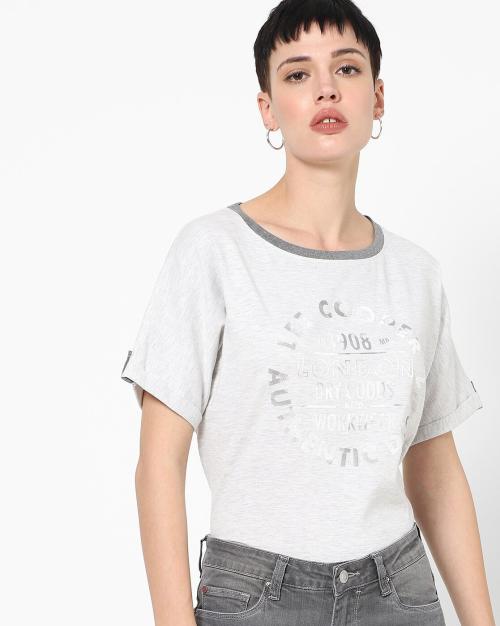 Brand Print Crew-Neck T-shirt with Pull-Tab Sleeves