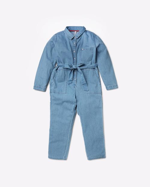 Washed Denim Jumpsuits with Patch Pocket