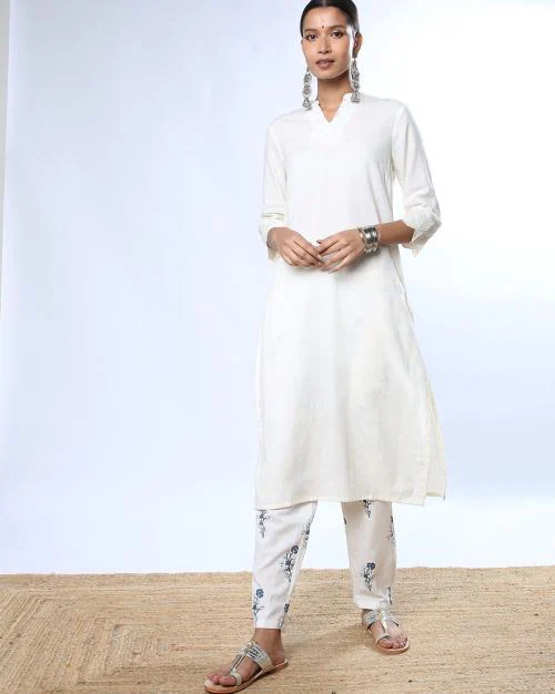 Embroidered V-neck Straight Kurta with Pants