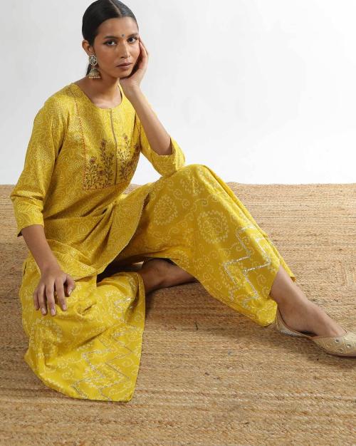 Bandhani Print Straight Kurta with Palazzos