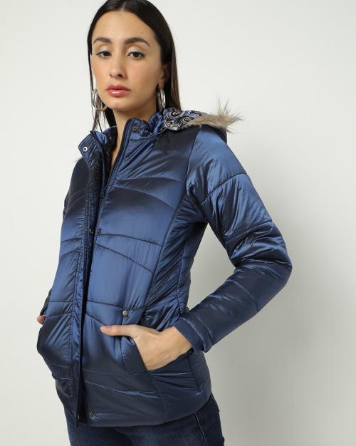 Metallic Zip-Front Jacket with Detachable Hood