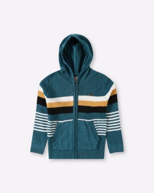 Striped Zip-Front Hooded Cardigan