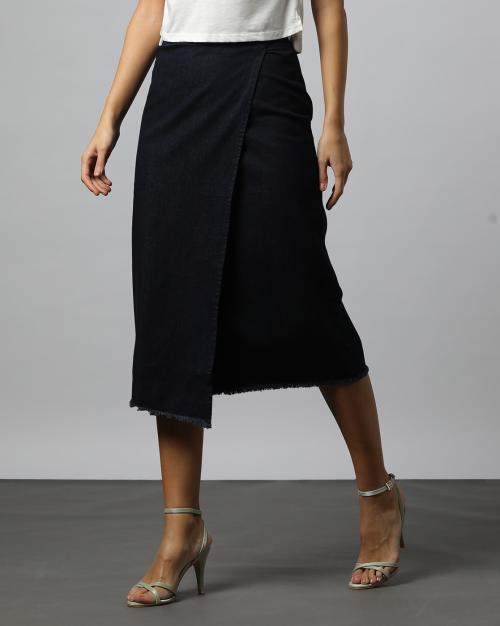 Women High-Rise Wrap-Style A-Line Denim Skirt