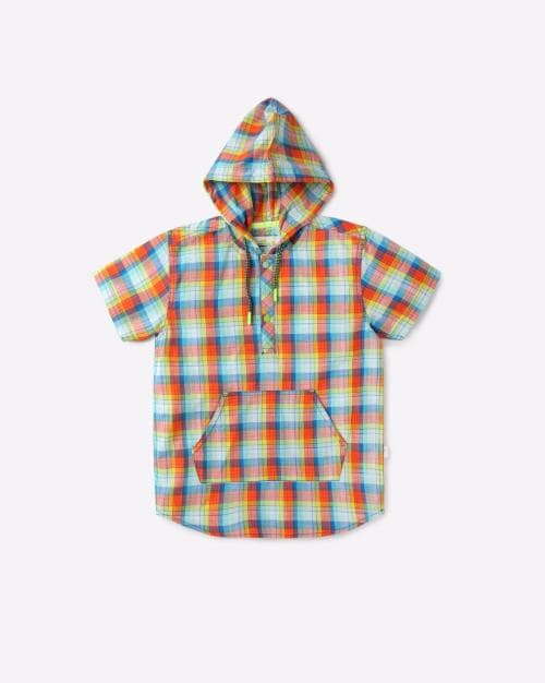 Checked Hooded Shirt with Kangaroo Pocket