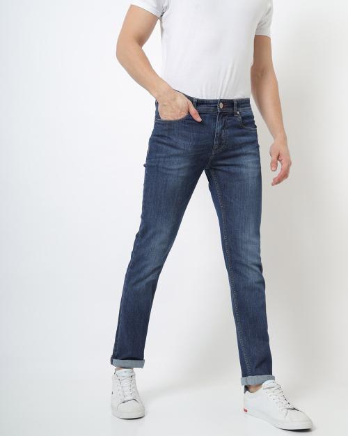 Washed Mid-Rise Straight Fit Jeans