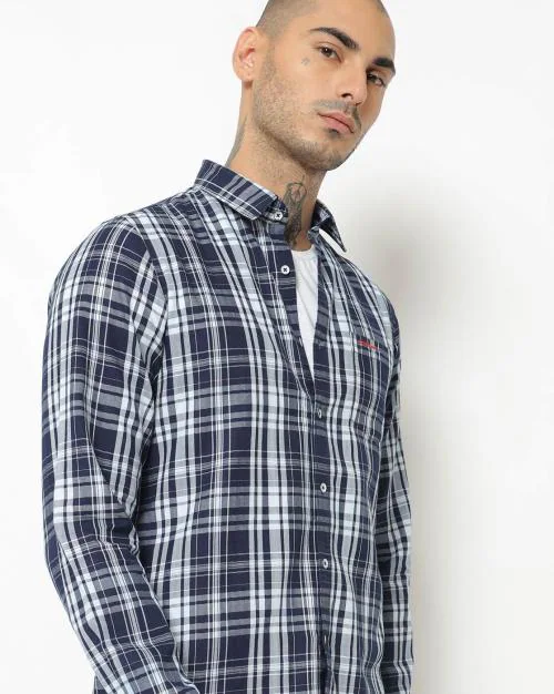 Checked Spread-Collar Shirt with Patch Pocket