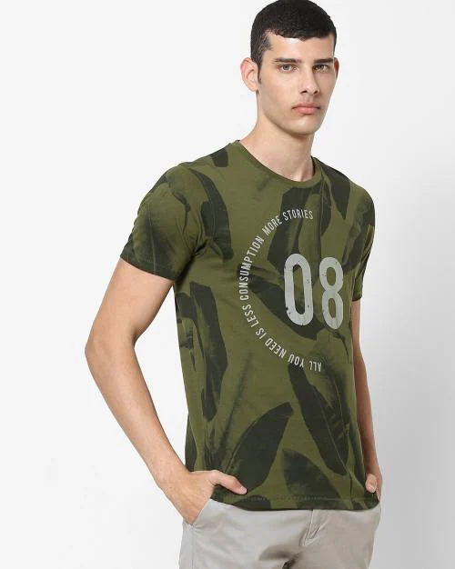 Regular Fit Tropical Print Round-Neck T-Shirt