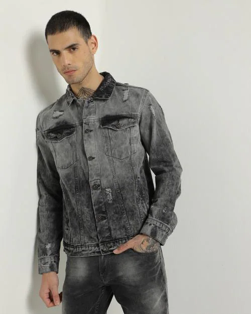 Heavily-Washed Distressed Denim Jacket