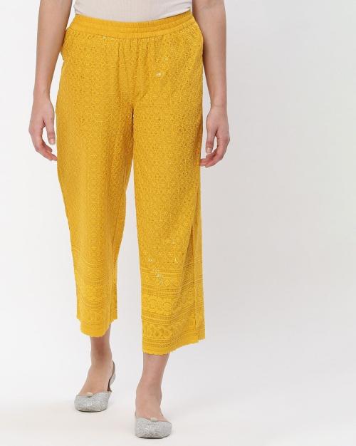 Chikankari Embroidered Palazzos with Elasticated Waist