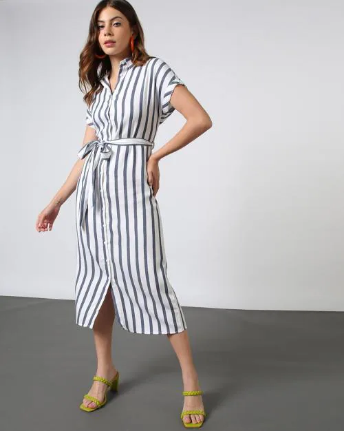 Women Striped Shirt Dress with Belt