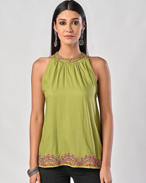 Women Halter-Neck Top with Embroidery