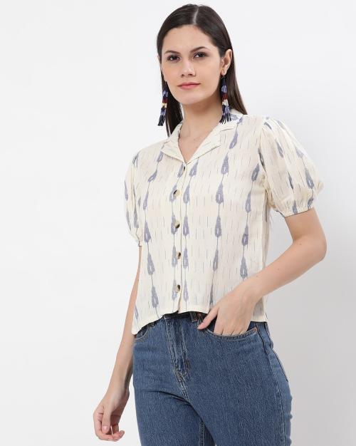 Ikat Print Shirt with Puff Sleeves