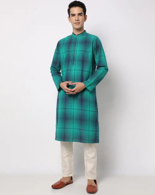 Checked Kurta with Band Collar