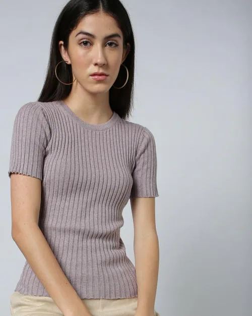 Women Ribbed Lilac Jumper