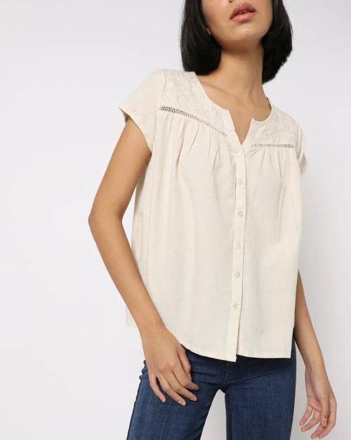 Embroidered Top with Notched Neckline