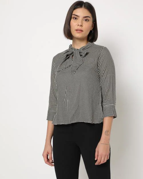 Geometric Print Top with Neck Tie-Up