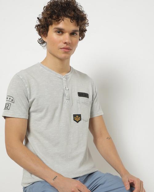 Slim Fit Henley-Neck T-shirt with Logo Badge